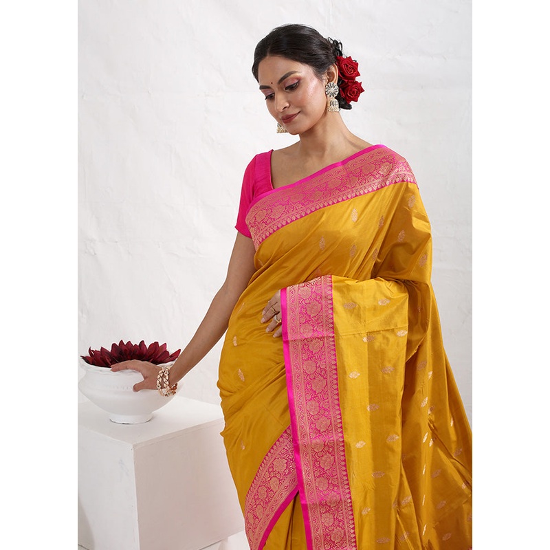 Yellow Katan Pure Silk Saree With Blouse Piece - JD986588786