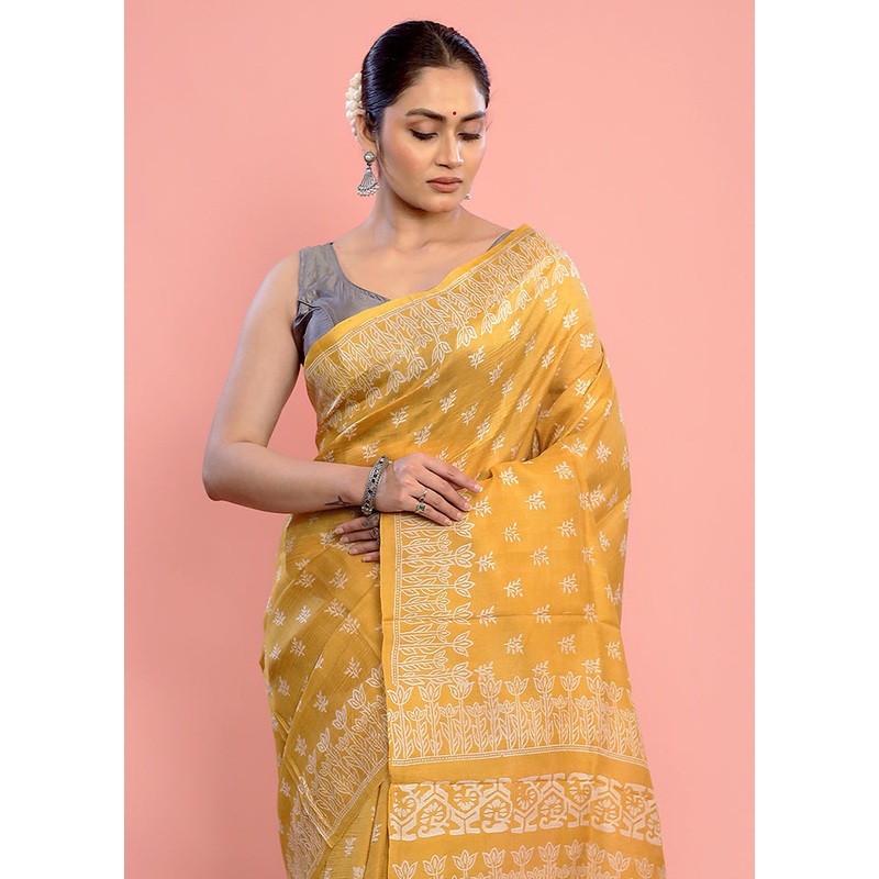 Yellow Printed Pure Silk Saree Without Blouse Piece - JD986588785