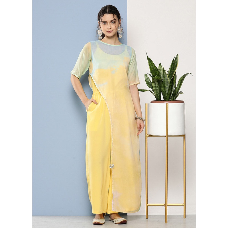 Yellow Silk Printed Jumpsuit Set - JD986588690