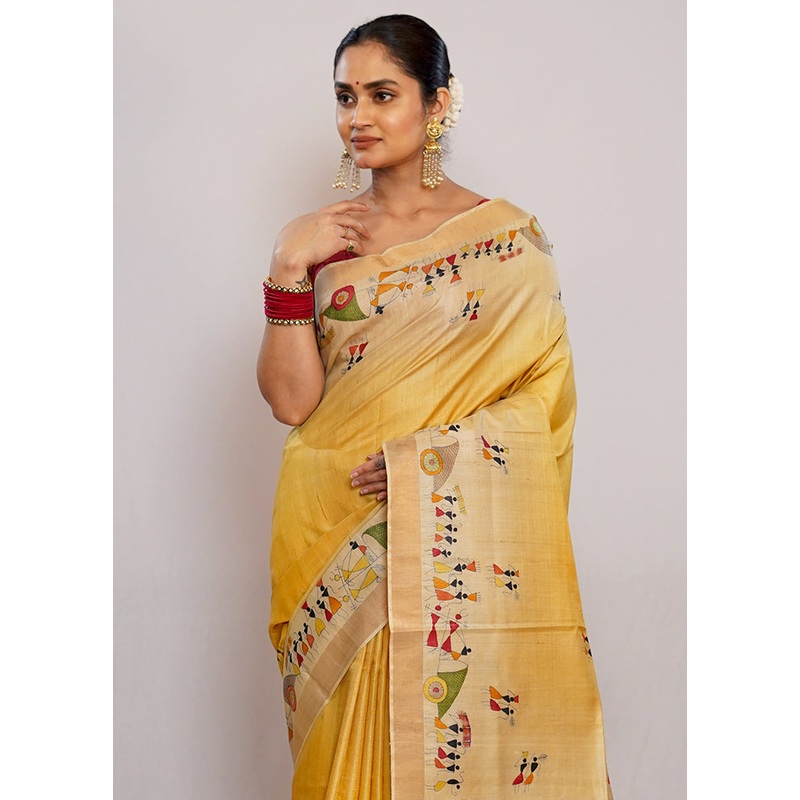 Yellow Tussar Pure Silk Saree With Blouse Piece - JD986588784