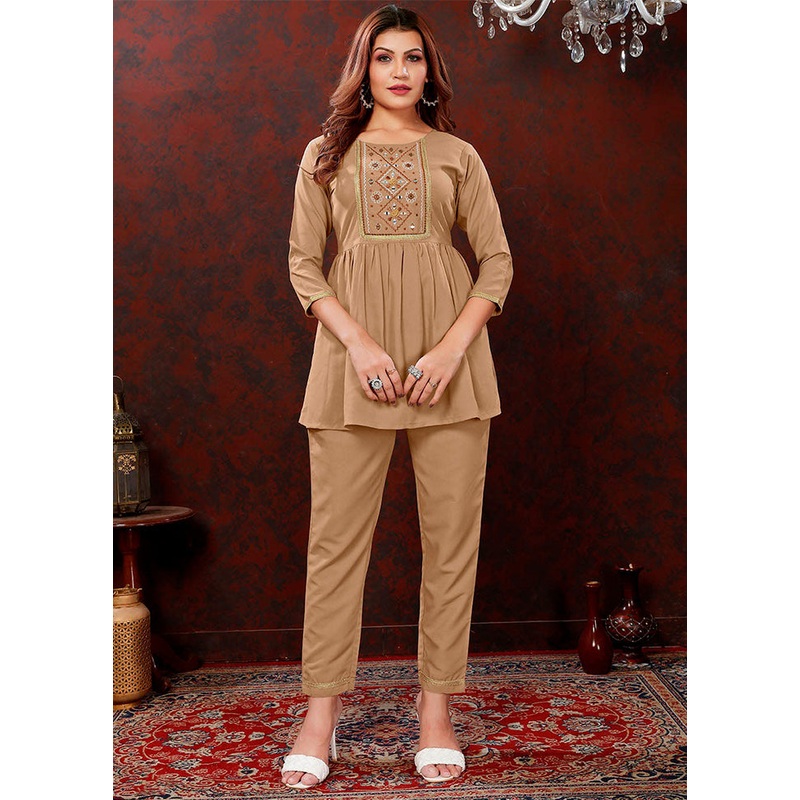 2 Pc Beige Readymade Cotton Coord Set - JD986588576
