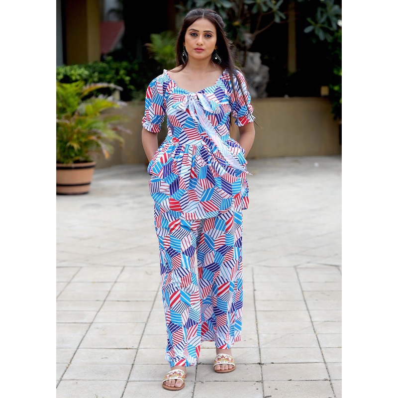 2 Pc Blue Readymade Cotton Coord Set - JD986588572