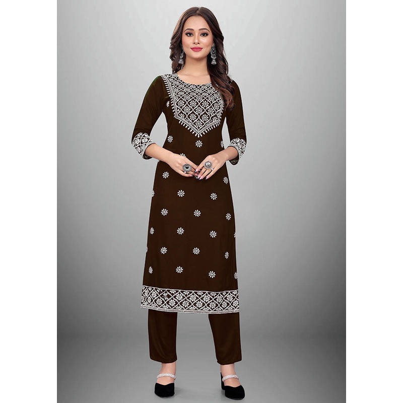 2 Pc Brown Readymade Rayon Kurti Set - JD986588567