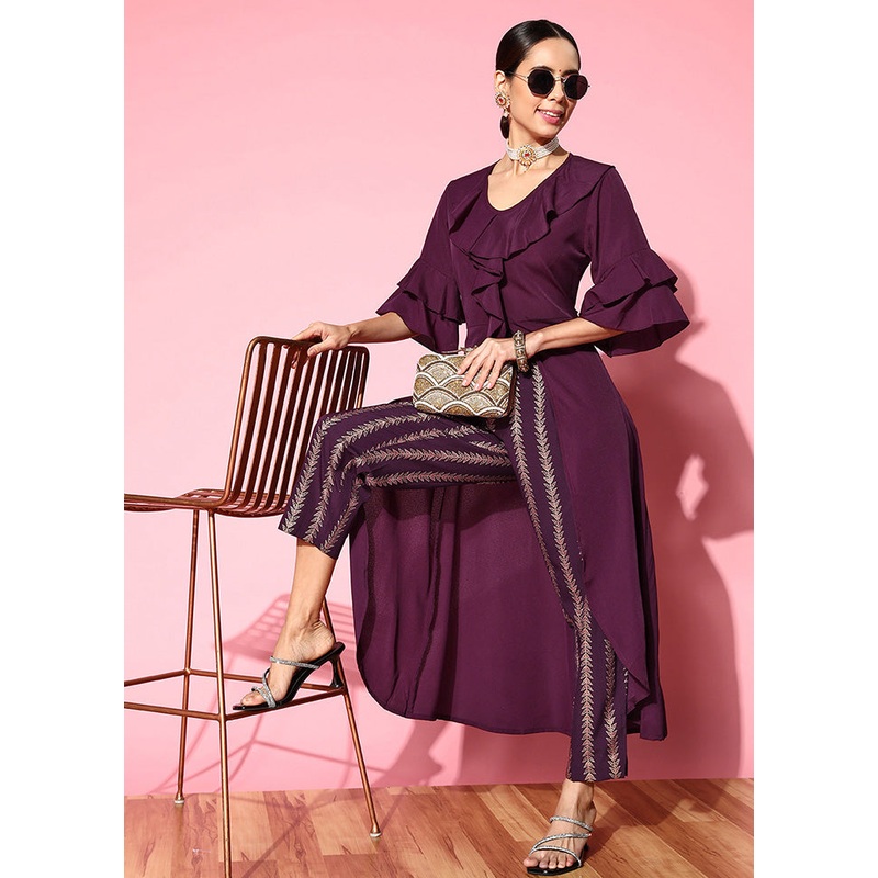 2 Pc Burgundy Readymade Silk Kurti Set - JD986588565