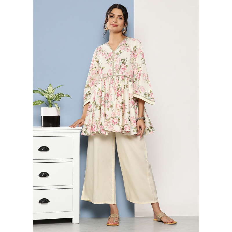 2 Pc Cream Readymade Silk Kurti Set - JD986588556