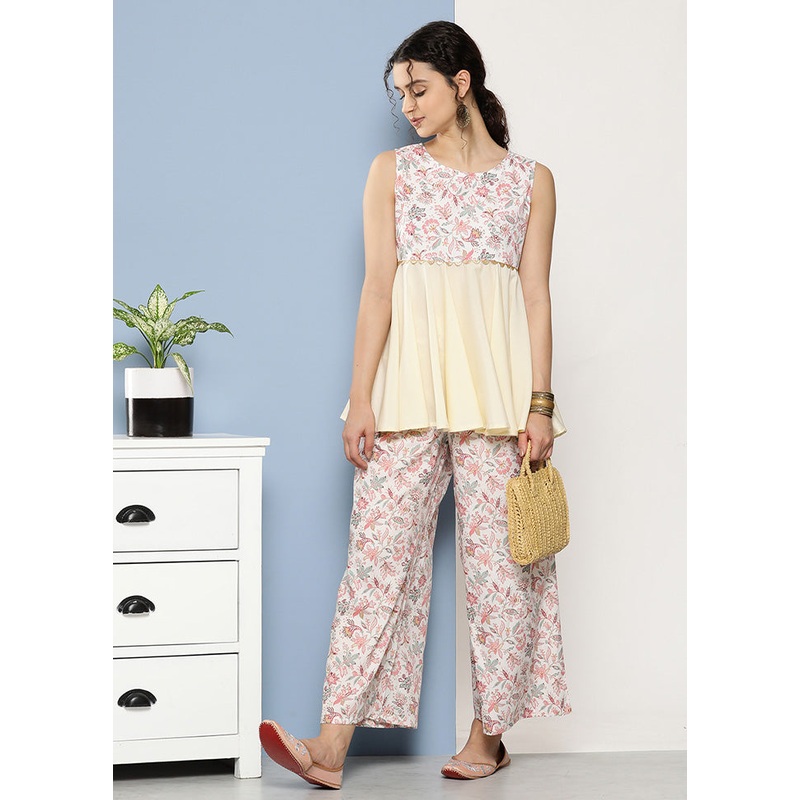 2 Pc Cream Readymade Silk Kurti Set - JD986588557