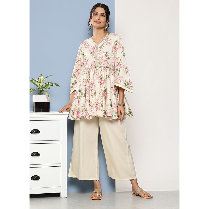 2 Pc Cream Readymade Silk Kurti Set - JD986588559