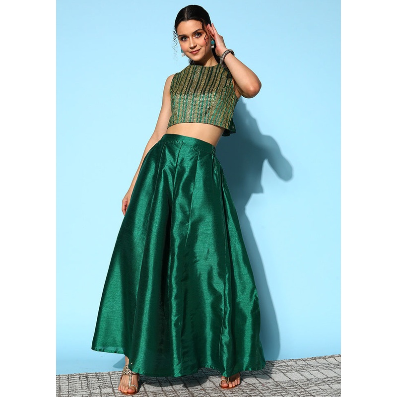 2 Pc Dark Green Readymade Silk Coord Set - JD986588554