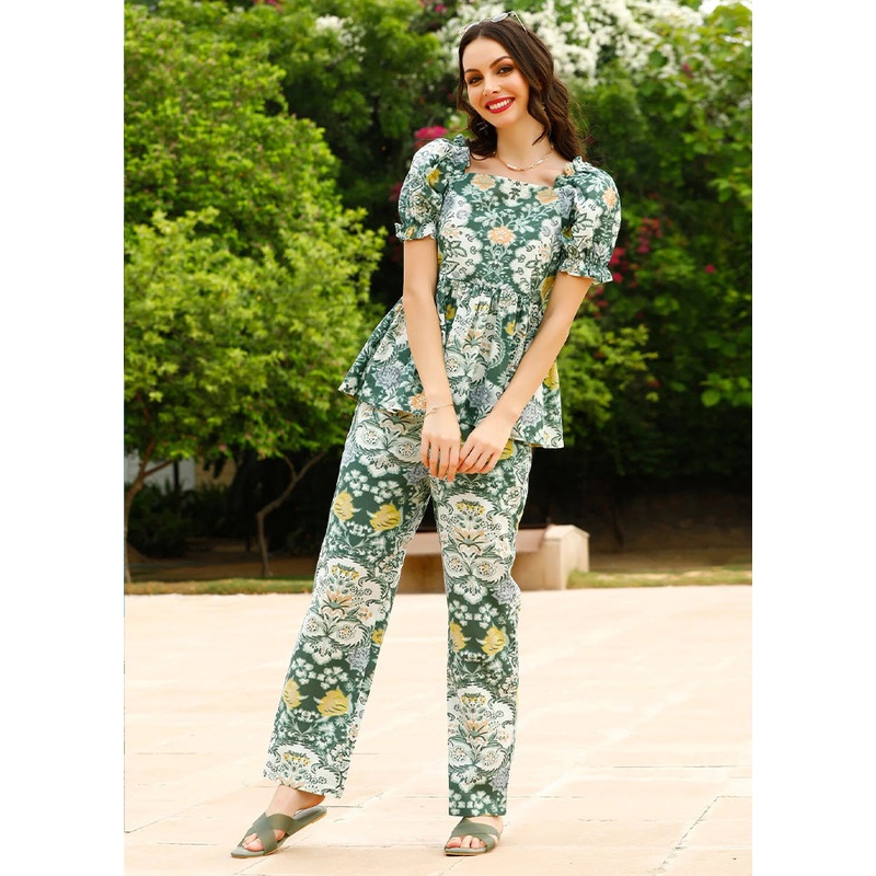 2 Pc Green Readymade Cotton Coord Set - JD986588550