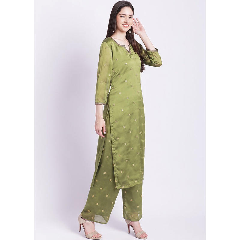 2 Pc Green Readymade Georgette Kurti Set - JD986588545