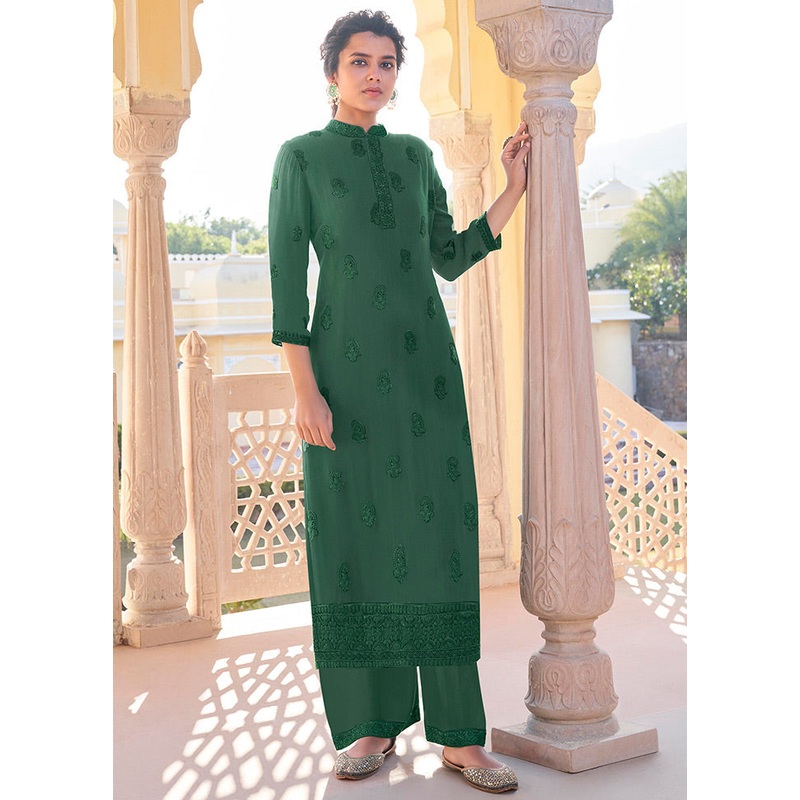 2 Pc Green Readymade Georgette Kurti Set - JD986588546