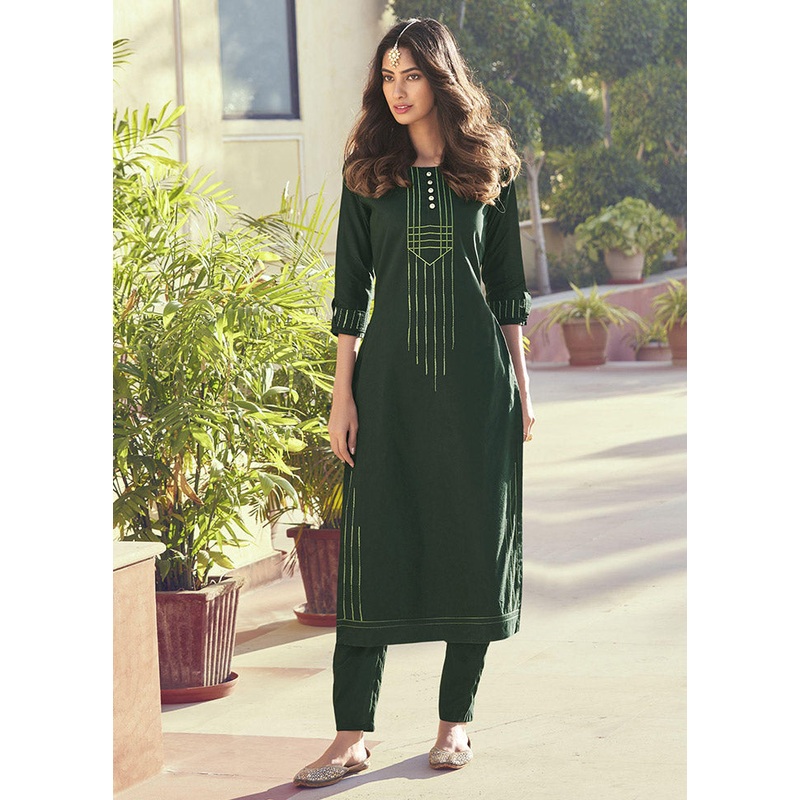 2 Pc Green Readymade Silk Kurti Set - JD986588540
