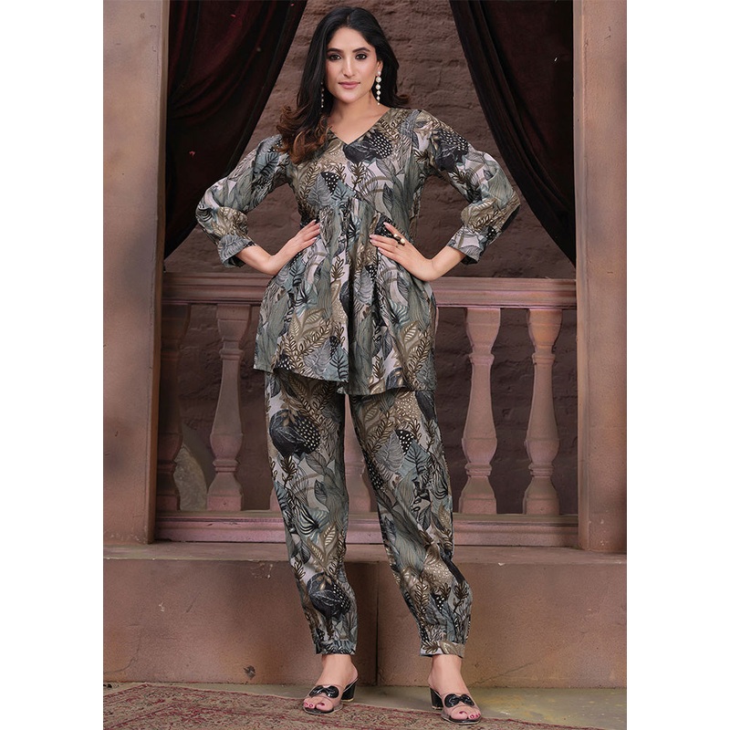 2 Pc Grey Readymade Chanderi Coord Set - JD986588536