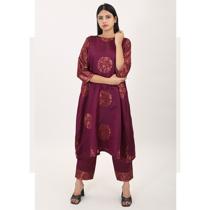2 Pc Magenta Readymade Pure Silk Kurti Set - JD986588526