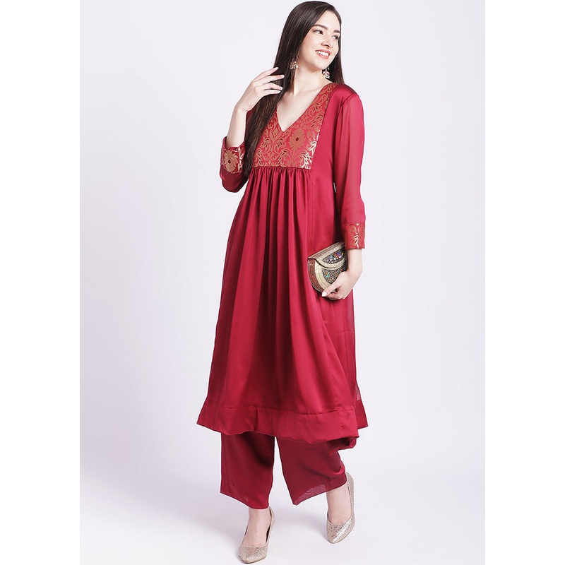 2 Pc Maroon Readymade Georgette Kurti Set - JD986588523