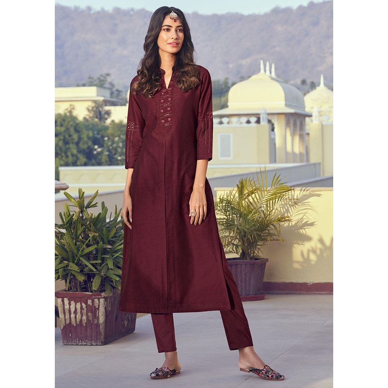 2 Pc Maroon Readymade Silk Kurti Set - JD986588521