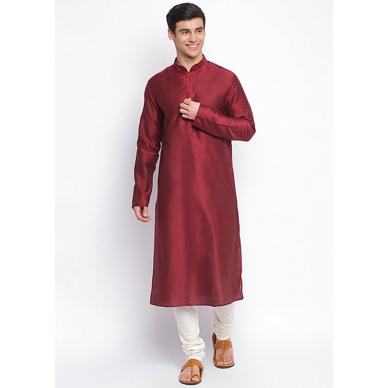 2 Pc Maroon Solid Dupion Silk Kurta Pajama Set - JD986588518