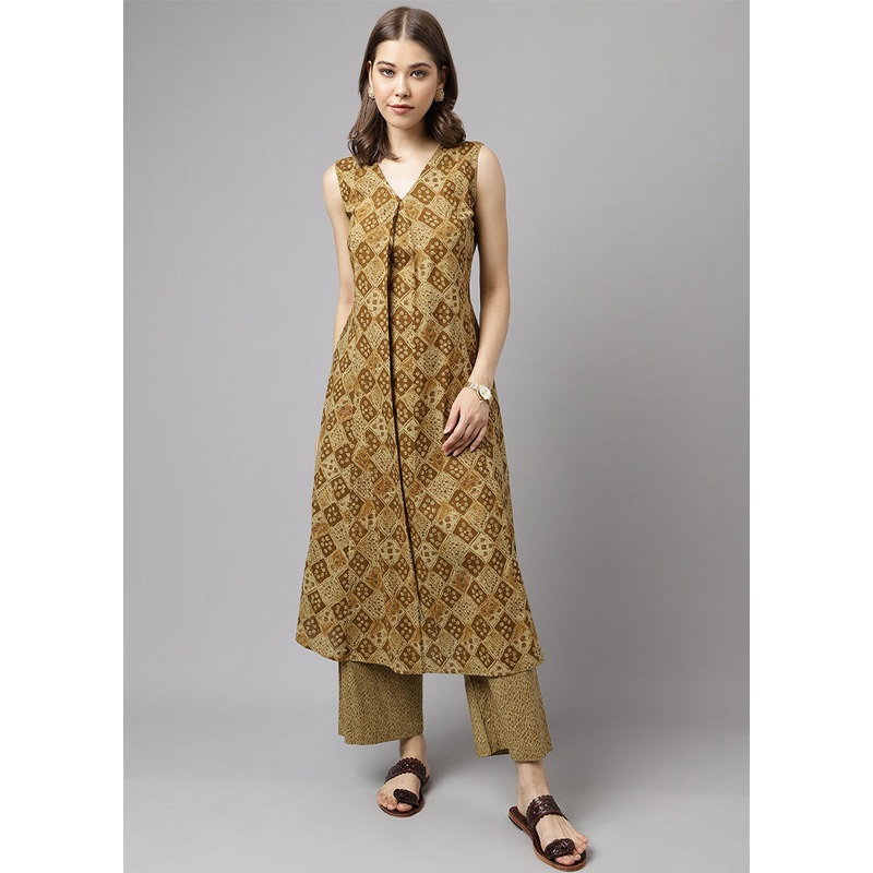 2 Pc Mehendi Readymade Cotton Kurti Set - JD986588516