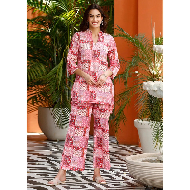 2 Pc Pink Readymade Cotton Coord Set - JD986588476