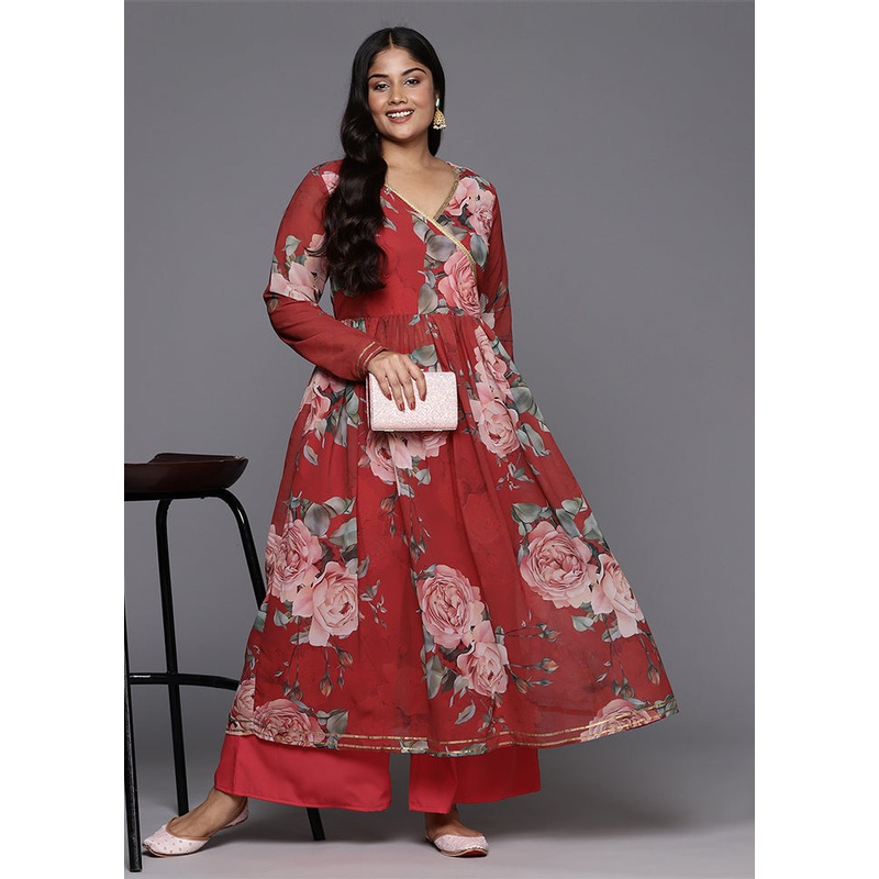 2 Pc Red Readymade Georgette Kurti Set - JD986588473