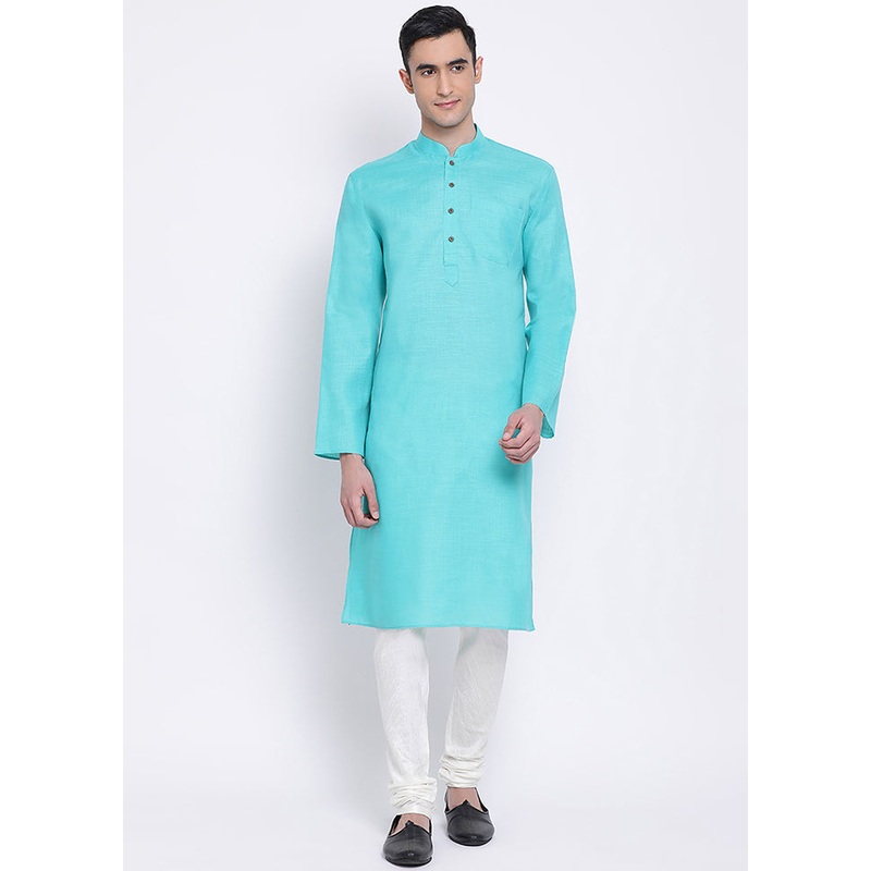 2 Pc Sky Blue Solid Cotton Kurta Pajama Set - JD986588505