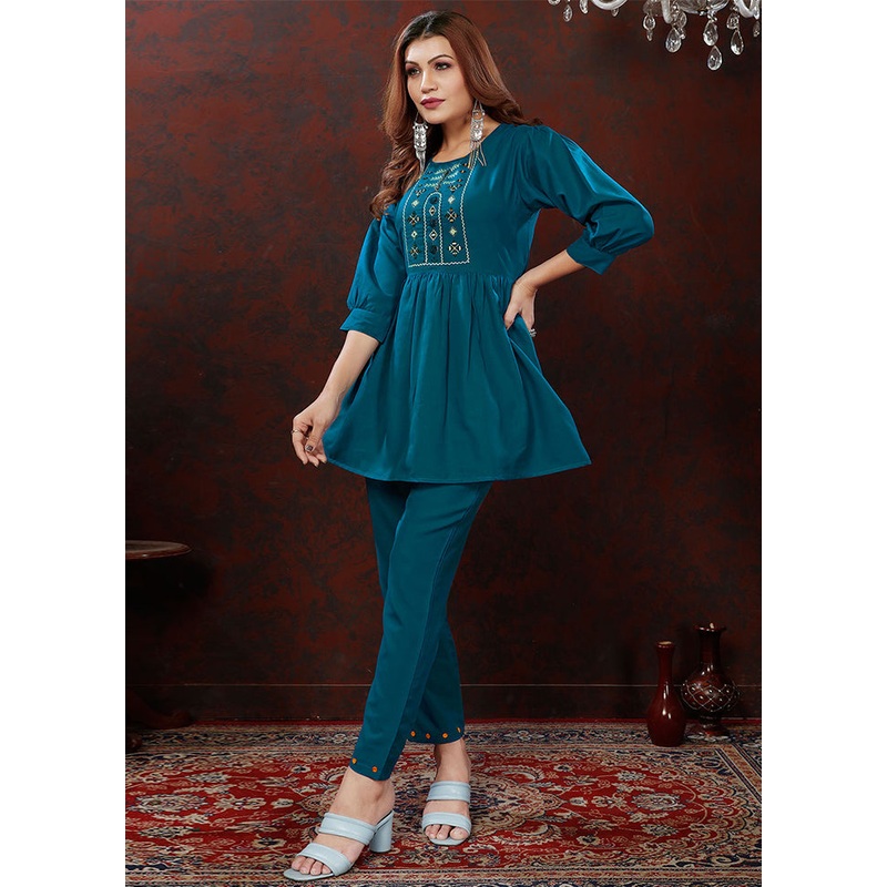 2 Pc Teal Blue Readymade Cotton Coord Set - JD986588481