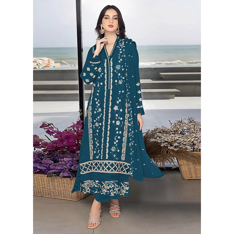 3 Pc Aqua Georgette Suit Set - JD986588502