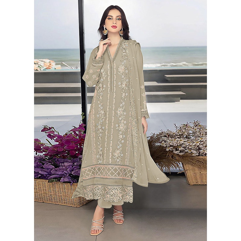3 Pc Beige Georgette Suit Set - JD986588501