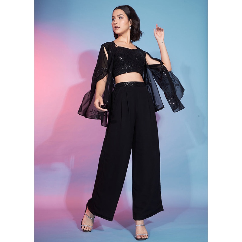 3 Pc Black Readymade Georgette Suit Set - JD986588483