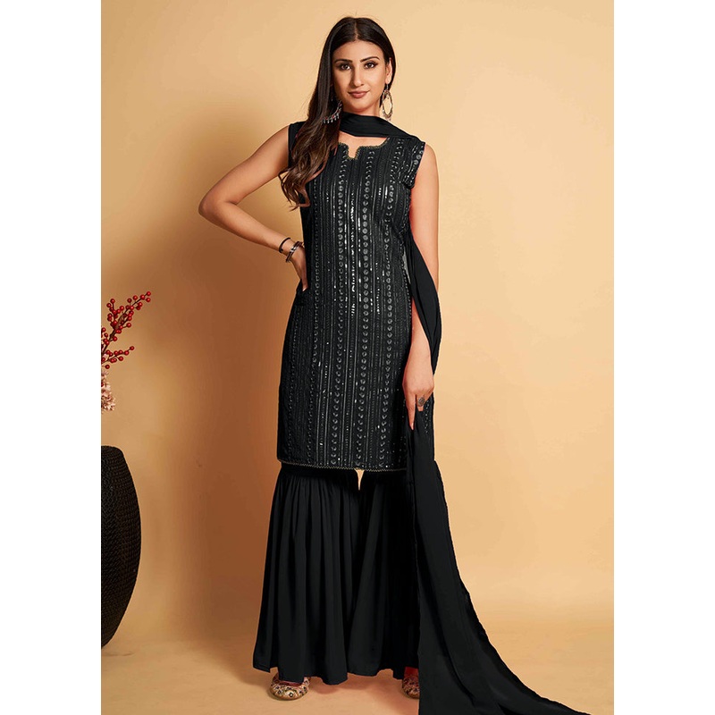 3 Pc Black Readymade Georgette Suit Set - JD986588485