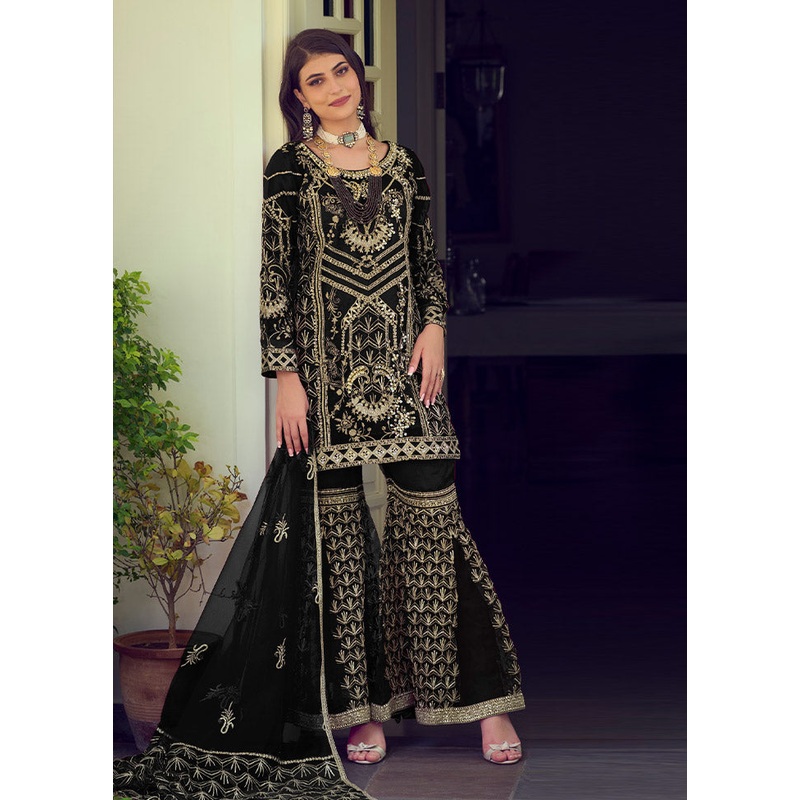 3 Pc Black Readymade Organza Suit Set - JD986588486