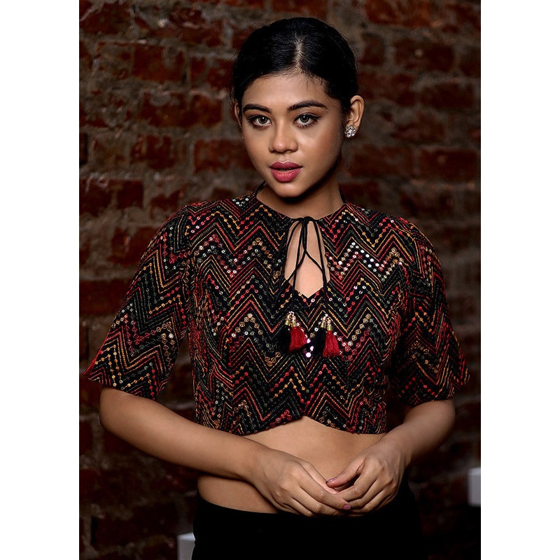 Black Sequined Designer Blouse - JD986588644