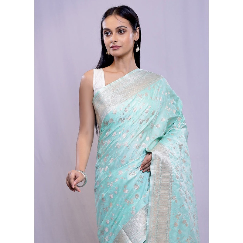 Blue Banarasi Silk Saree With Blouse Piece - JD986588494
