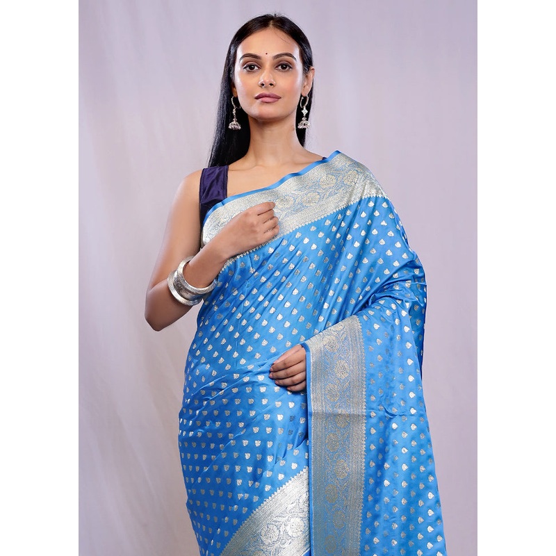 Blue Banarasi Silk Saree With Blouse Piece - JD986588666