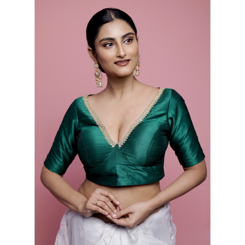 Green Dupion Silk Designer Blouse - JD986588624