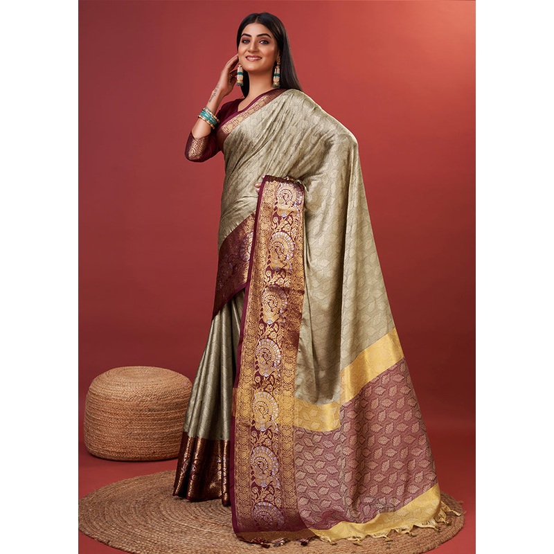 Grey Cotton Saree With Blouse Piece - JD986588498