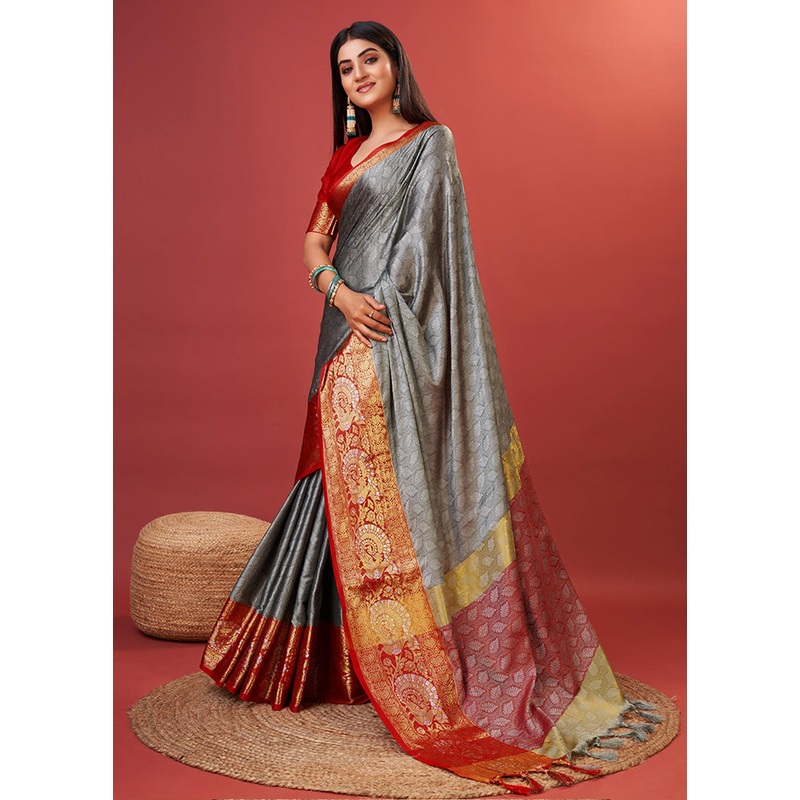 Grey Cotton Saree With Blouse Piece - JD986588499