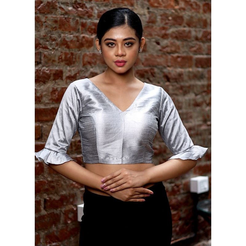 Grey Dupion Silk Designer Blouse - JD986588620
