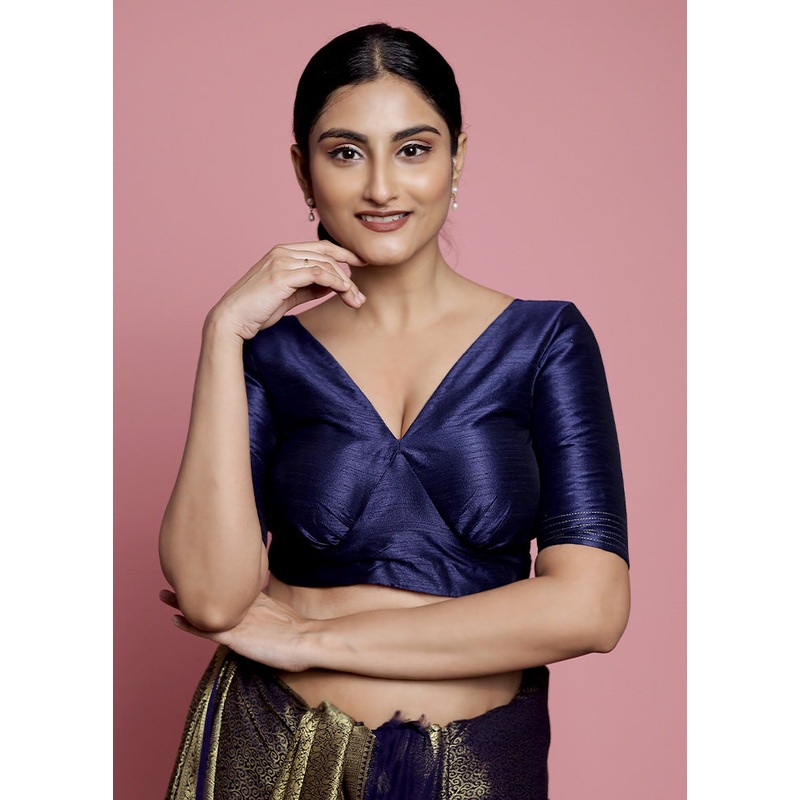 Navy Blue Dupion Silk Designer Blouse - JD986588609