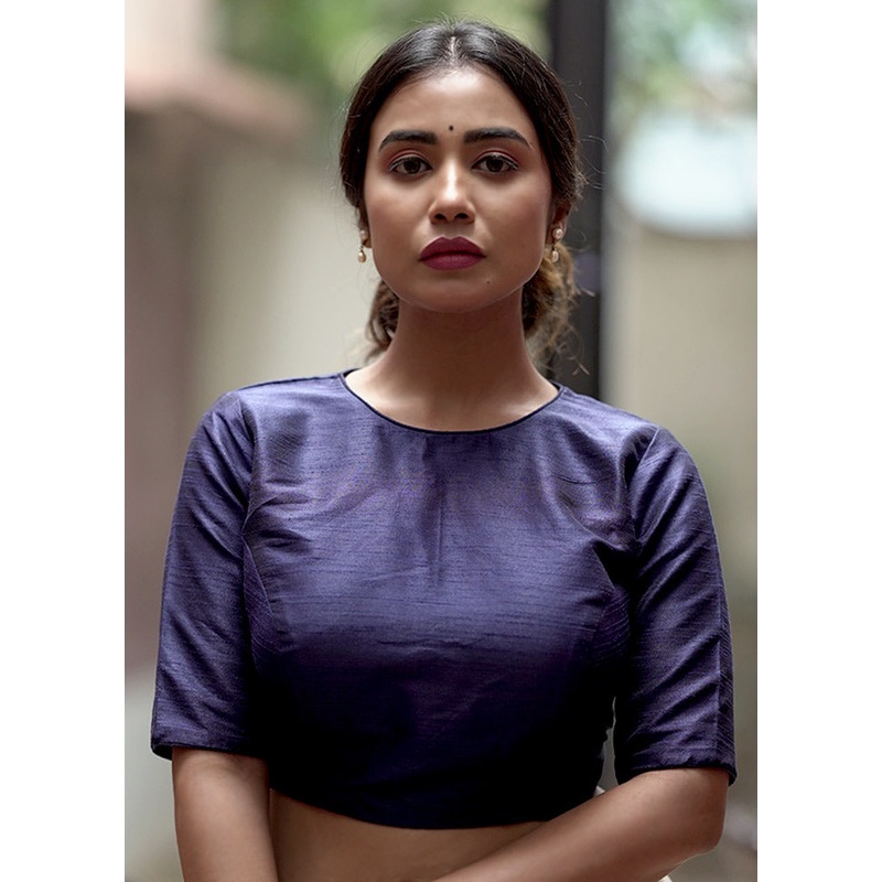 Navy Blue Dupion Silk Designer Blouse - JD986588610