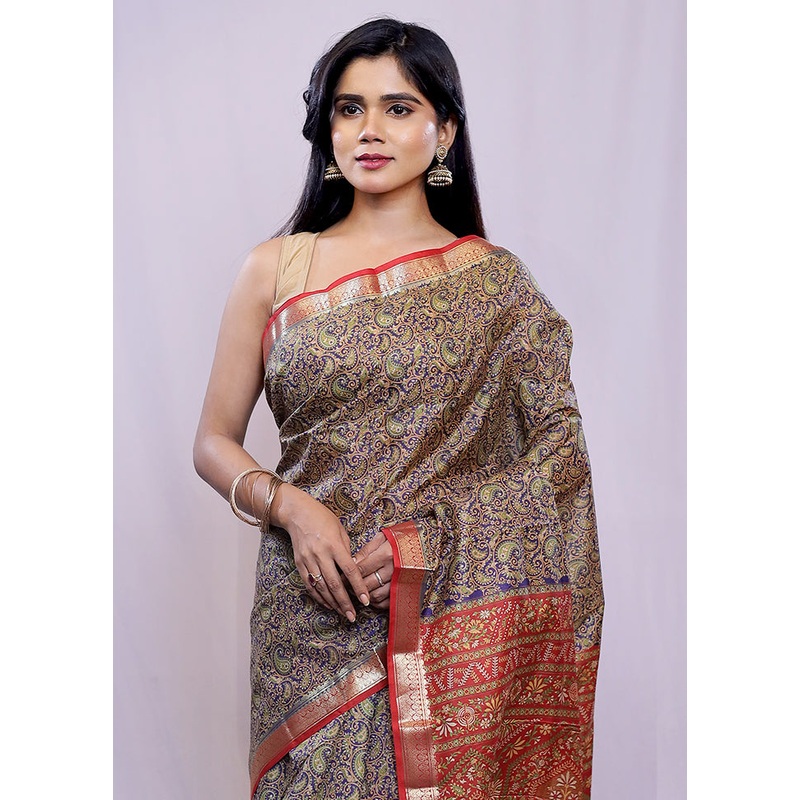 Purple Printed Pure Silk Saree Without Blouse Piece - JD986588487