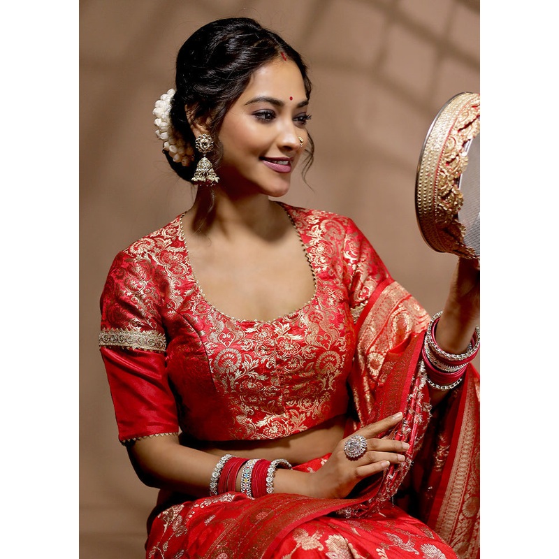 Red Brocade Designer Blouse - JD986588599
