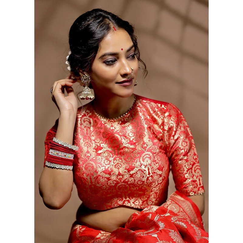 Red Brocade Designer Blouse - JD986588601