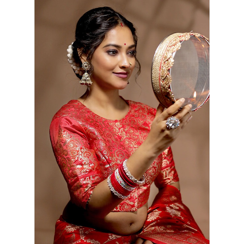 Red Brocade Designer Blouse - JD986588602