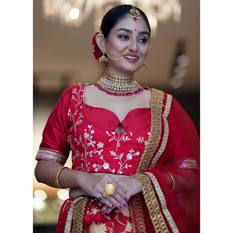 Red Dupion Silk Designer Blouse - JD986588594