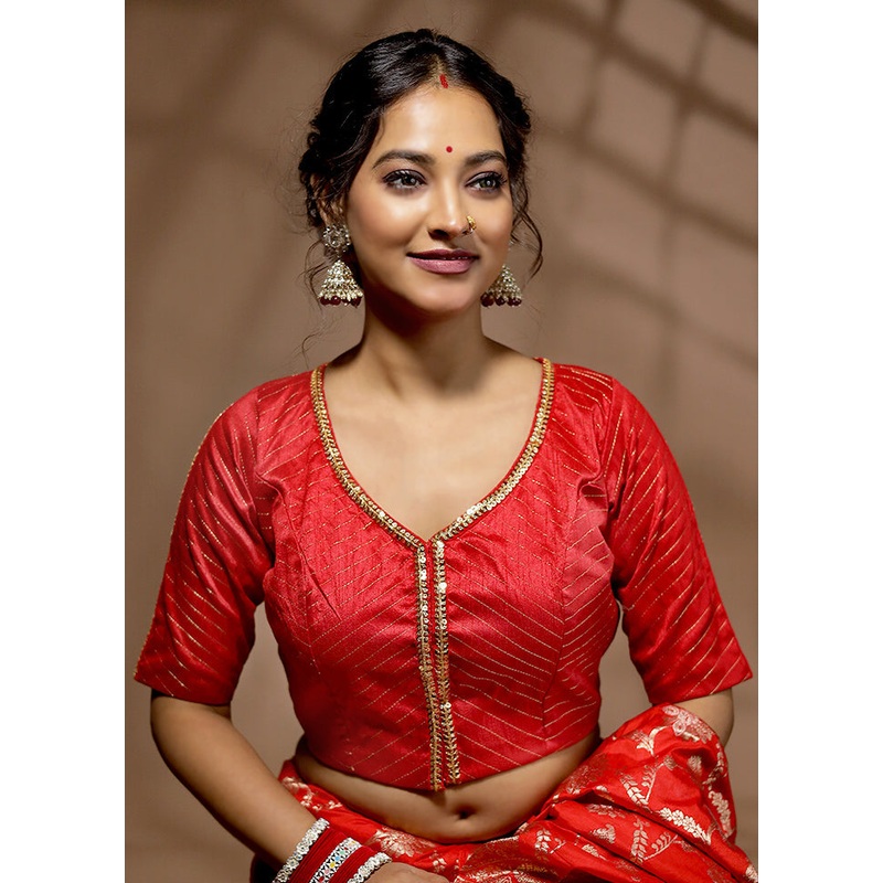 Red Dupion Silk Designer Blouse - JD986588597