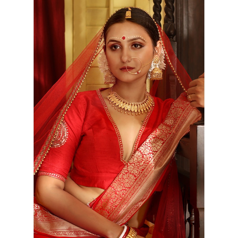 Red Pure Silk Designer Blouse - JD986588589