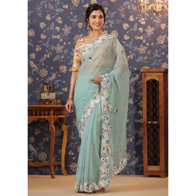 Sky Blue Georgette Saree With Blouse Piece - JD986588495