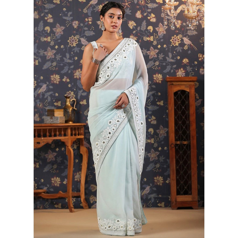 Sky Blue Georgette Saree With Blouse Piece - JD986588496