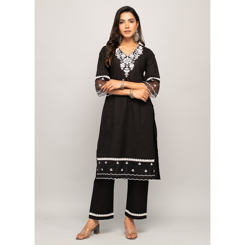 2 Pc Black Readymade Cotton Chikankari Kurti Set - JD986588450